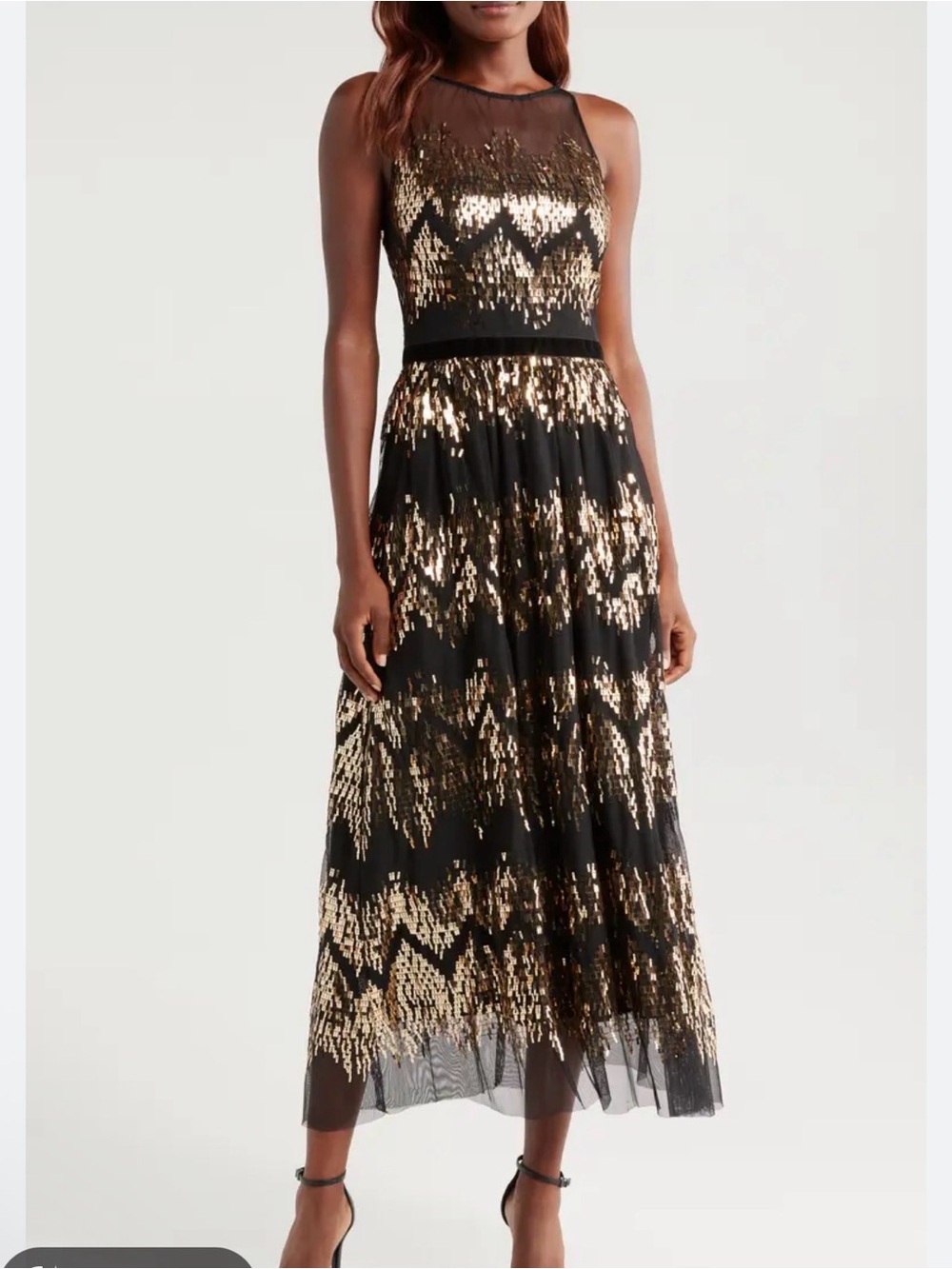 Vince Camuta Black and Gold Sequin Mesh Midi Dress